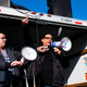 Bob Chamberlin, vice president of the Union of British Columbia Indian Chiefs, holds a bullhorn for Reuben George speaking to the crowd ahead of the protest.